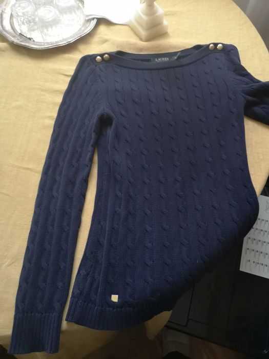 Ralph Lauren дамски памучен пуловер тъмно син със златисти копчета