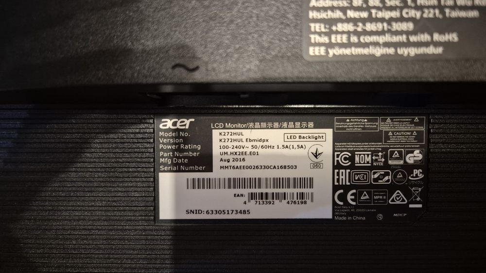 Продавам монитор ACER  K272HUL ,  27 инча ,QHD  2560x1440