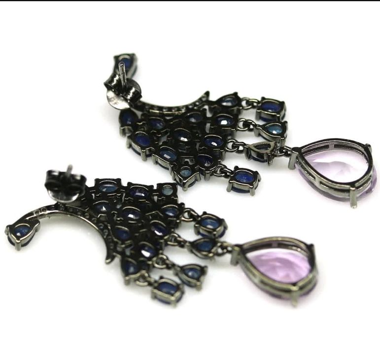 Superba pereche de cercei - argint masiv - safire naturale si ametiste