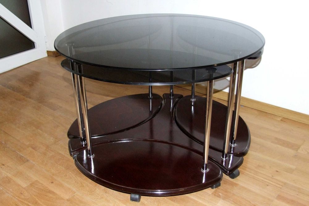 SET: Masa pe rotile + 3 masute detasabile - sticla, inox, lemn, NOI