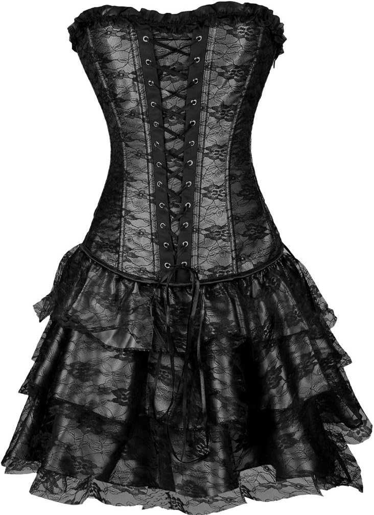 Set fusta scurta, gotica, brodata, neagra si corset, XXL, cu siret