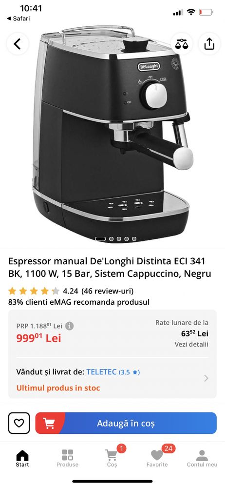 Expressor/aparat cafea De’Longhi Distinta nou