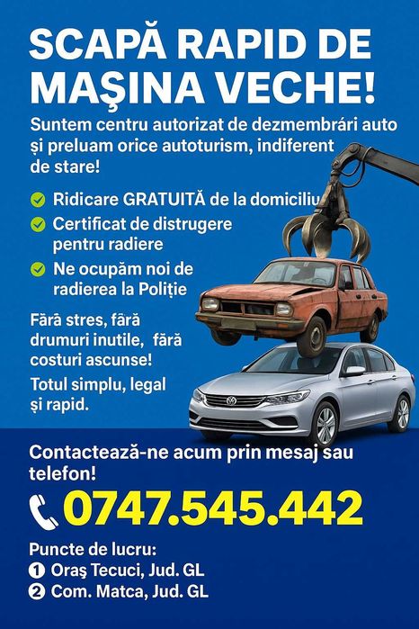 Centru Colectare Auto Gratuita- Certificat Distrugere-Radiere