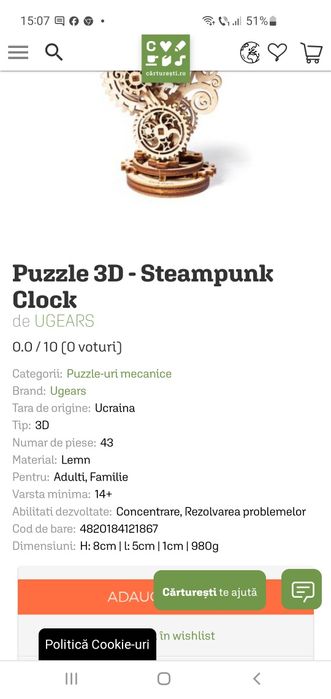 Joc puzzle 3D - Steampunk Clock UGEARS