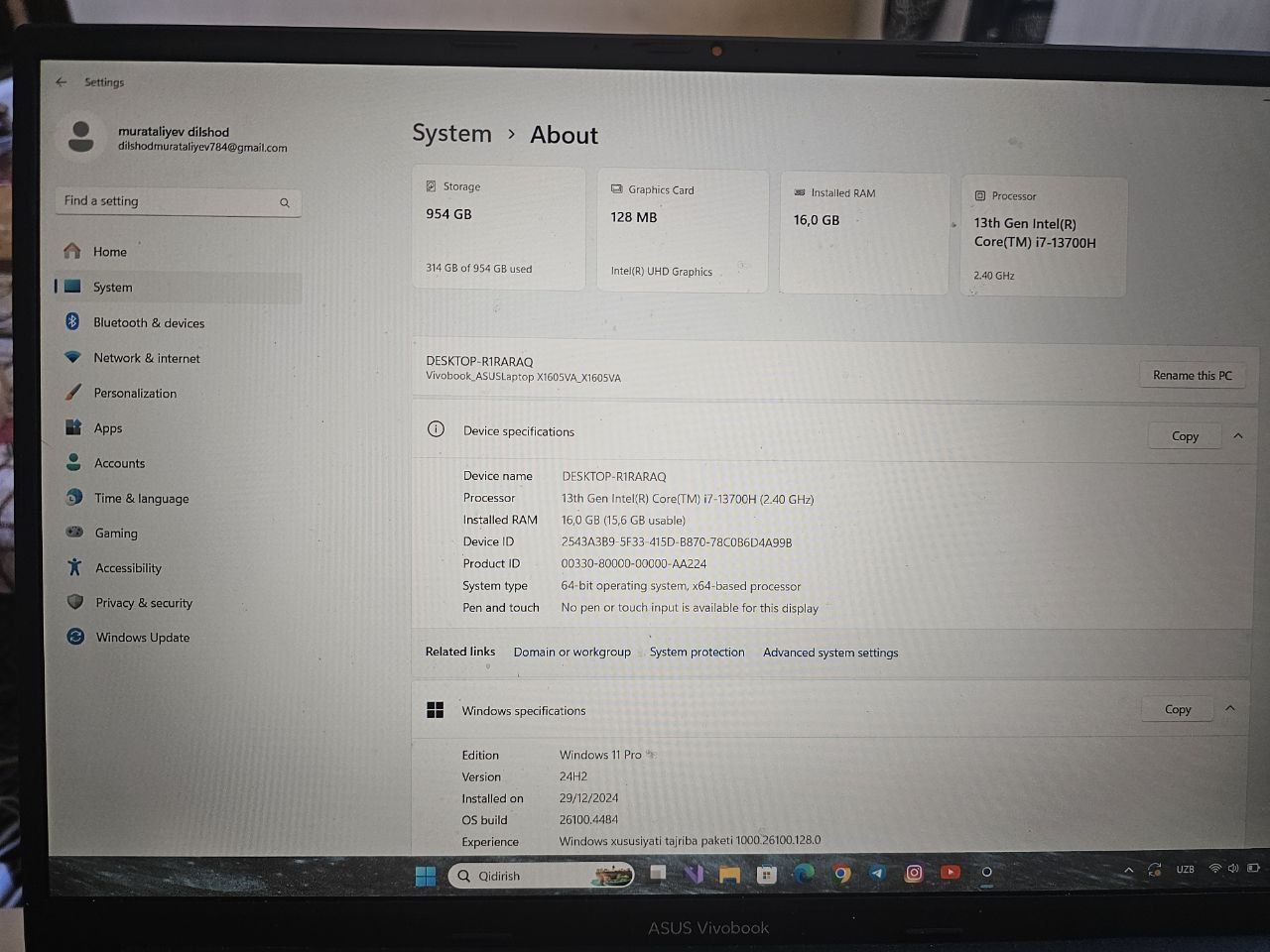 Asus vivobook intel core i7 13700H protsessor ddr4 16GB tezkor xotira