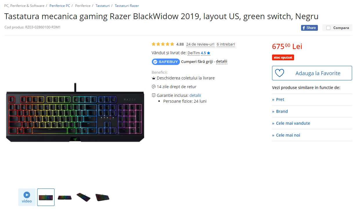 Tastatura mecanica gaming Razer BlackWidow 2019