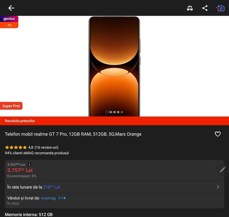 Realme GT 7 pro mars orange 12/512gb (6500mah), Sigilat,Garanție