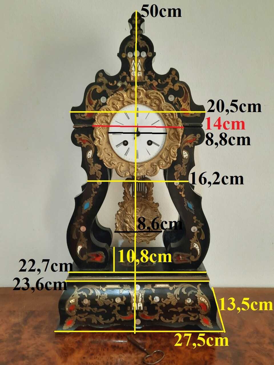 Ceas de semineu antic, Luis XVI cu marqueterie, 50x27.5x13.5cm