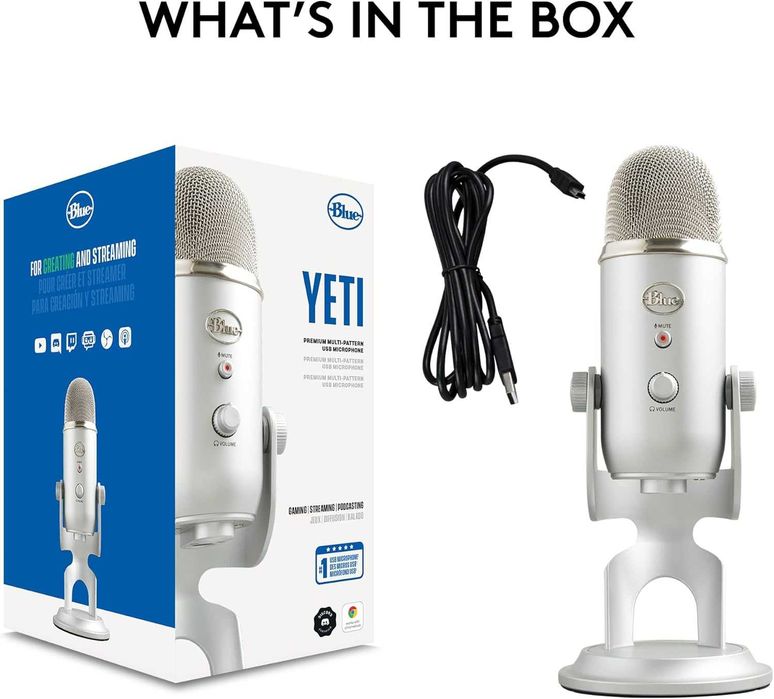 Blue Yeti USB микрофон Silver за стрийминг и подкаст