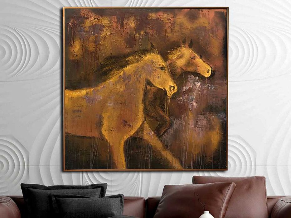 Картина золотые лошади холст масло казахская этно живопись кони