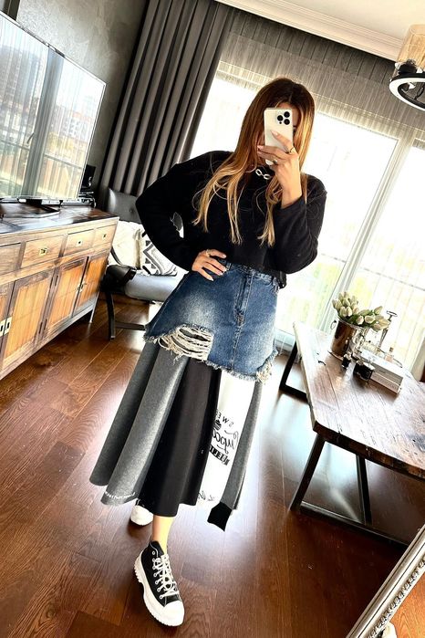 TW3 Дамска дълга пола с деним и плат