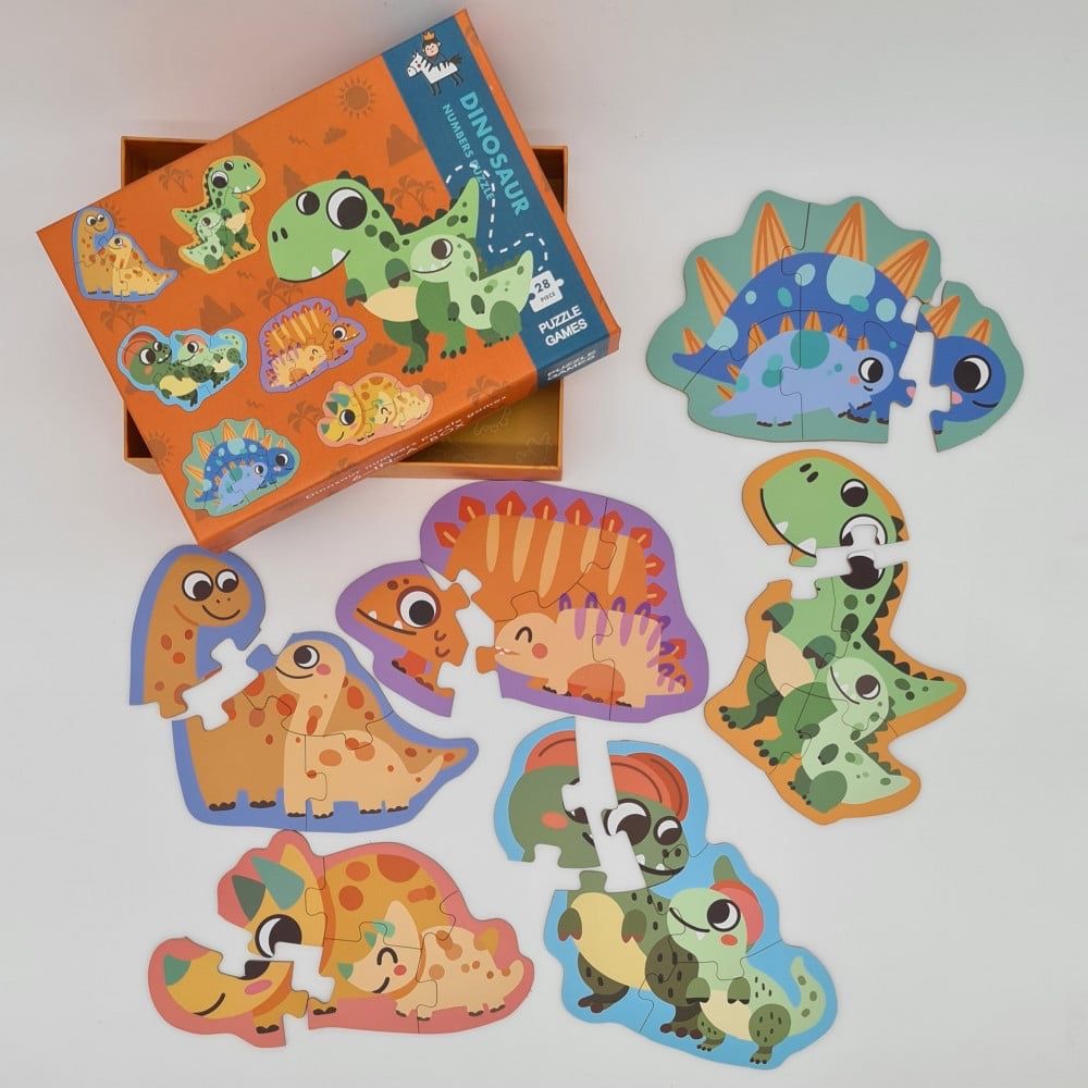 Puzzle din lemn in cutie cu 6 dinozauri, 28 piese, NOU