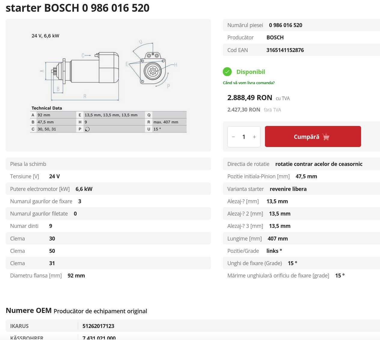 Starter BOSCH 0986016520 - 24V 6,6kW, dinti: 9