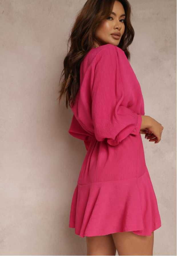 Rochie Fucsia cu volane si maneci lungi