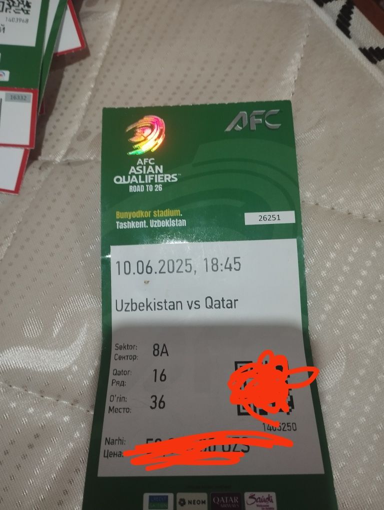 Futbol  bilet Oʻzbekiston Qatar 10 iyun soat 18-45 biletlar bor