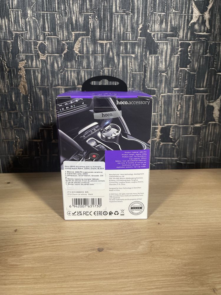 Scrumieră Auto iluminare LED Montaj în suportul de pahar Negru Premium