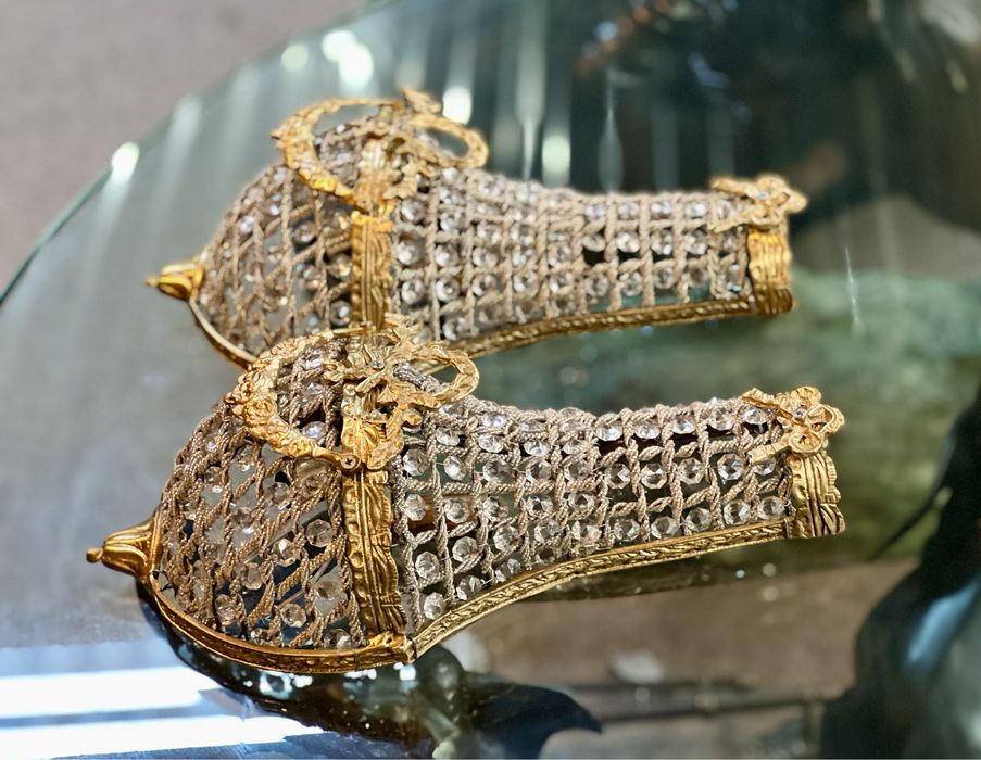 Pereche Aplice Bronz / Cristal *** vintage / antic / vechi / retro ***