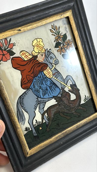 Icoana veche pictata pe sticla Sfantul Gheorghe vintage de