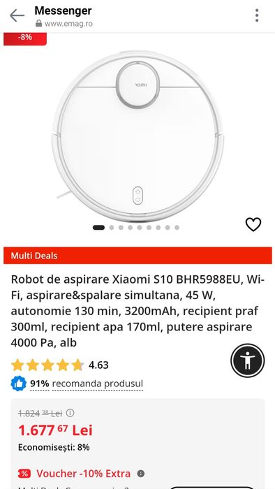 Robot de aspirare Xiaomi S10 BHR5988EU, Wi- i aspirare&spalare simulta