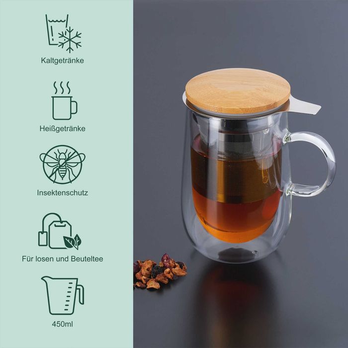 Cana din Sticla cu Infuzor si Capac din Bambus 430 ml cu Perete Dublu