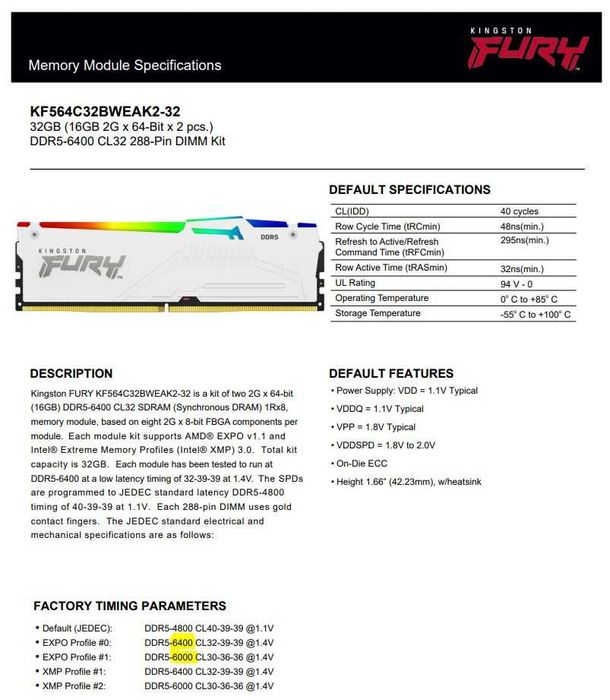 Kit DDR5 32GB (2x16) Kingston Fury 6000 CL30 si 6400 CL32 AMD & Intel