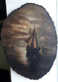 Pictura marina veche pe lemn