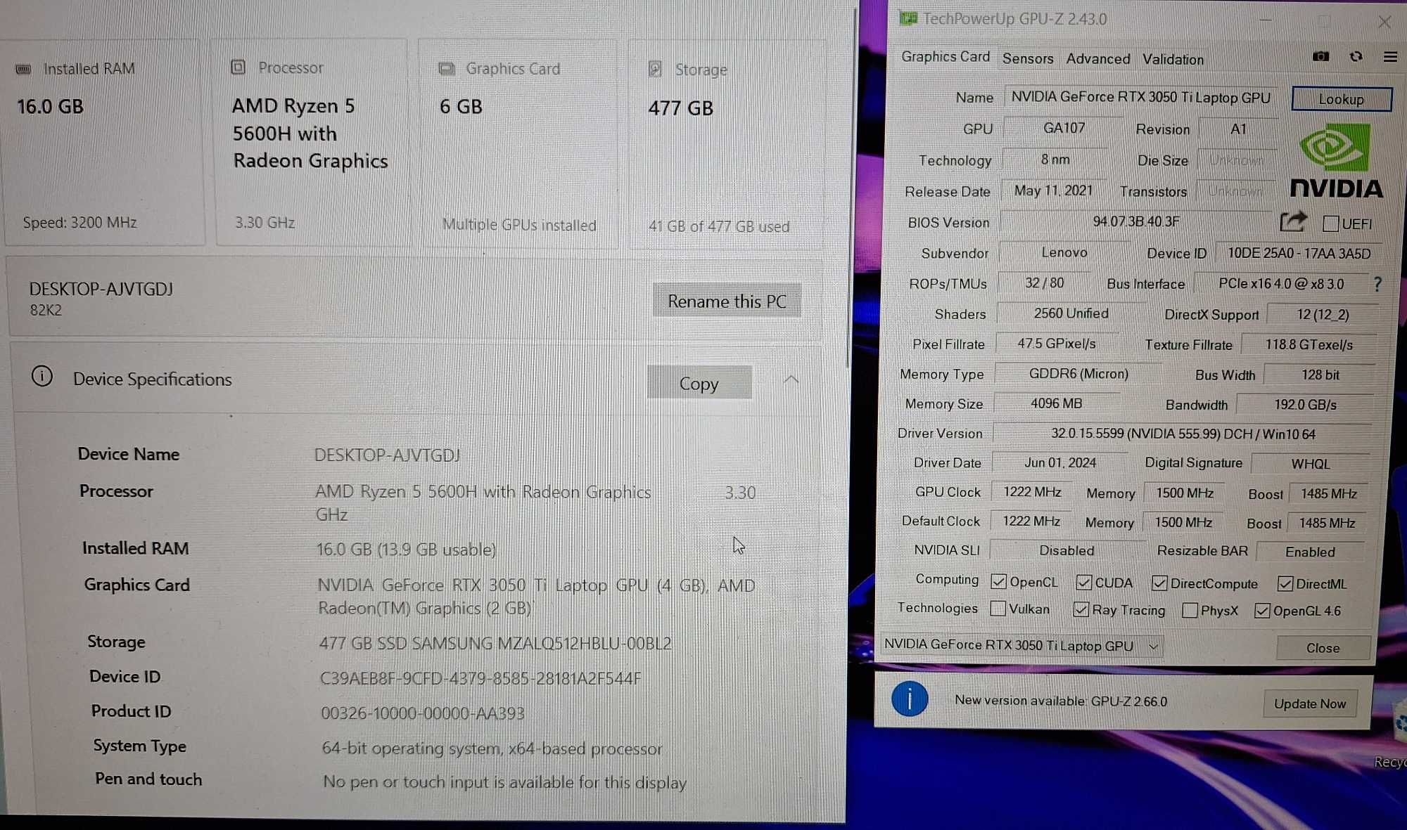 15.6' IPS Lenovo Ryzen 5 5600H/RTX 3050Ti 4GB GDDR6/16GB/512GB/Gaming
