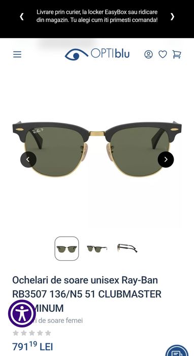 Ochelari de soare unisex Ray-Ban RB3507 136/N5 CLUBMASTER ALUMINUM