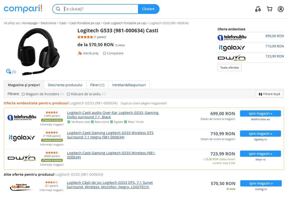 Casti Logitech G533 Wireless 7.1