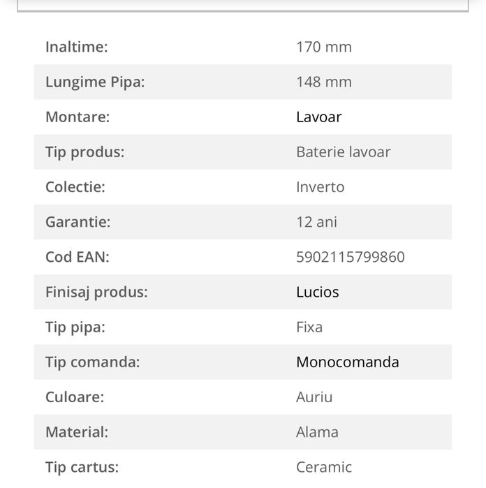 Baterie lavoar baie Cersanit Inverto - auriu - noua