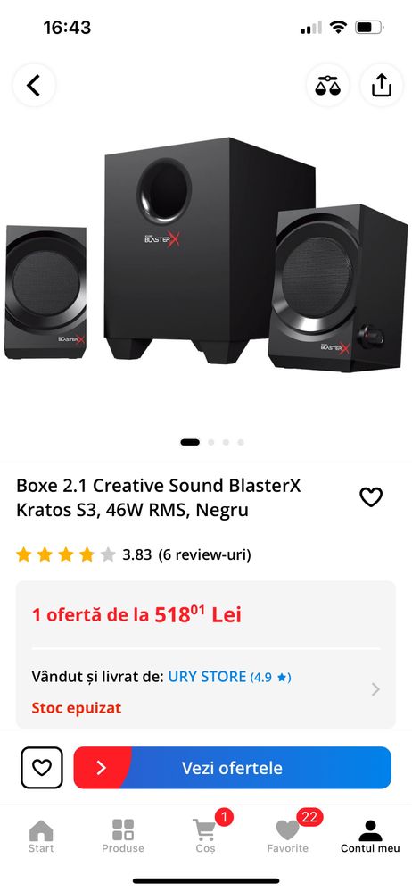 Sistem  2 boxe si un subwoofer 46W  Creativ blaster x sound