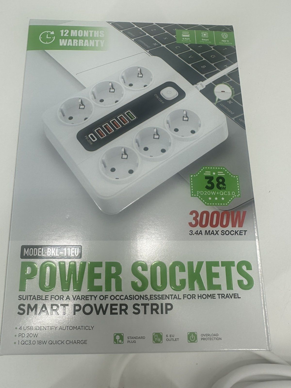 Чисто нов разклонител с 6 гнезда 2 метра зарядно за телефон Type-C USB