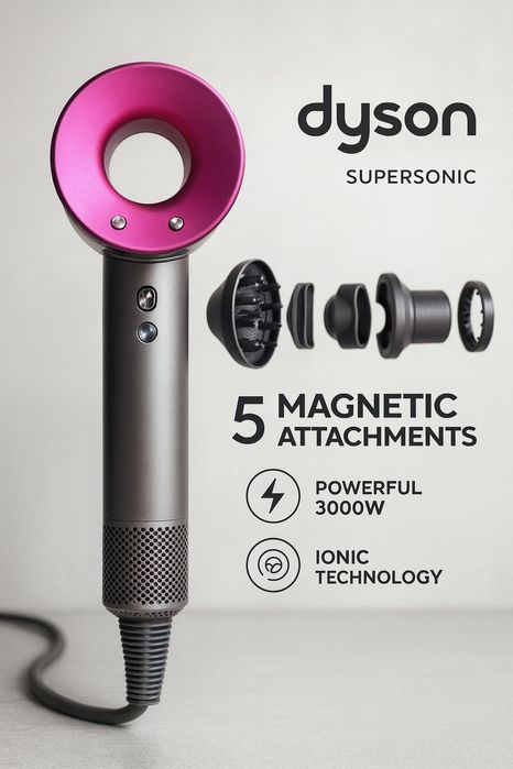 Dyson стиліндегі фен | 1600W қуатты | 5 магнитті насадка | Тез әрі тын