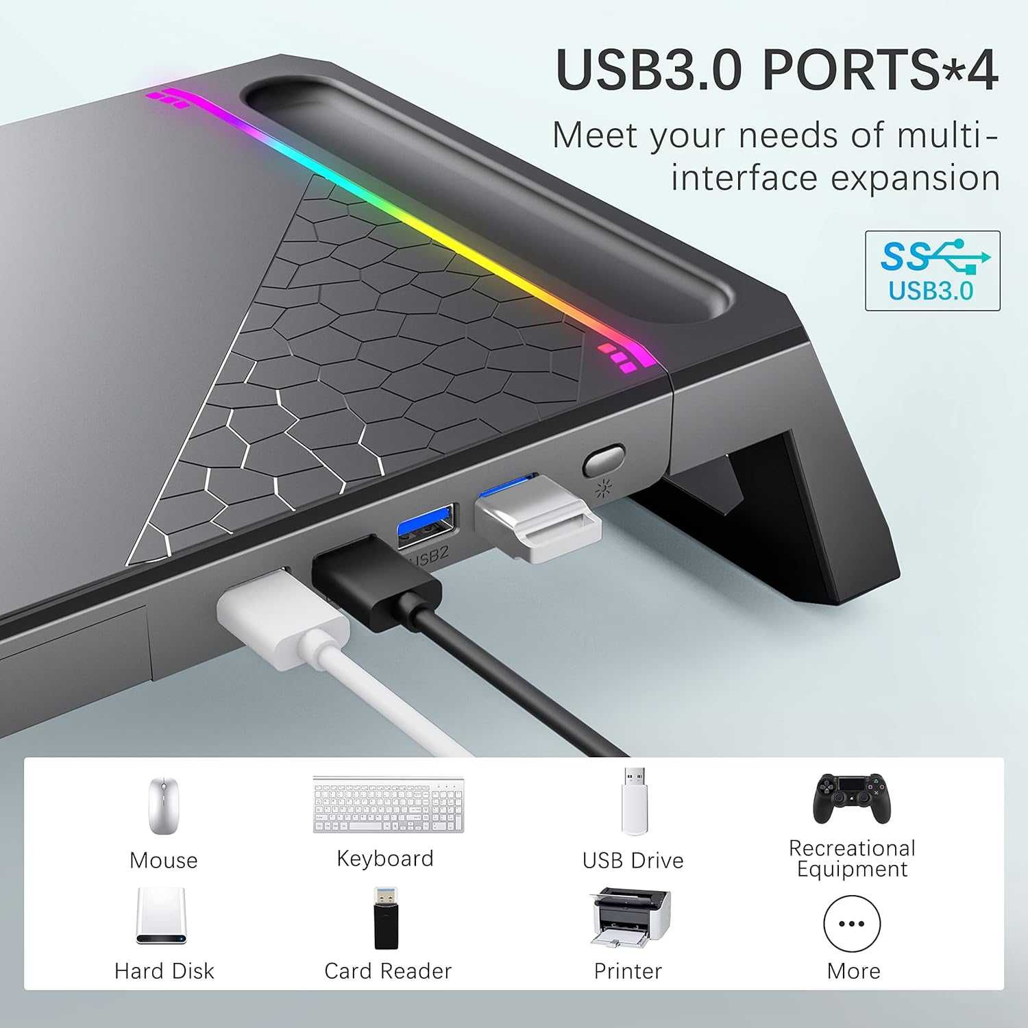 Чисто нова Стойка за монитор MOOJAY S57, RGB светлини, 4 USB 3.0 порта
