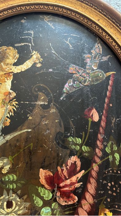 Tablouri vechi pictate pe metal - îngeraș cu ramă aurită