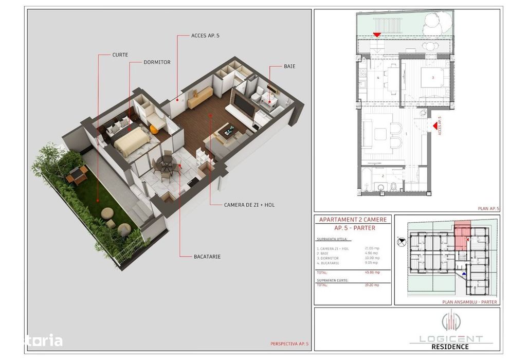 APARTAMENT NOU - 2 camere, parter, cu GRĂDINĂ, Complex LOGICENT;