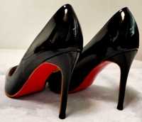 Дамски официални обувки, черен лак, червена подметка ток 10см