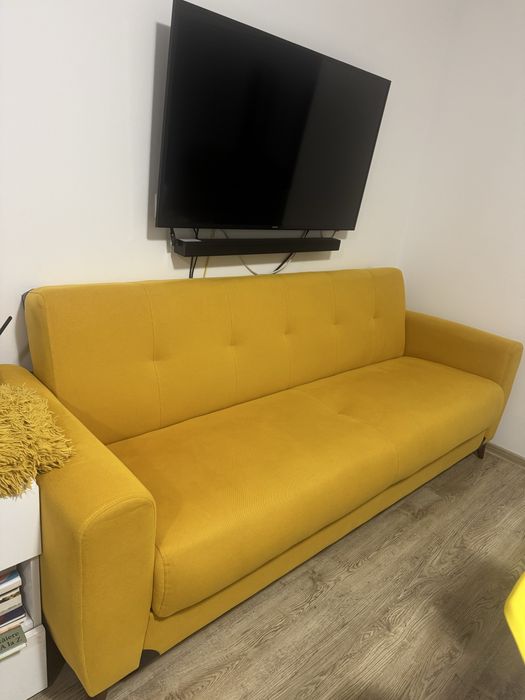 Canapea extensibila 3 locuri, lada depozitare, culoare galben mustar,