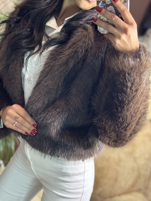 Палто в кафяво от висок клас еко косъм