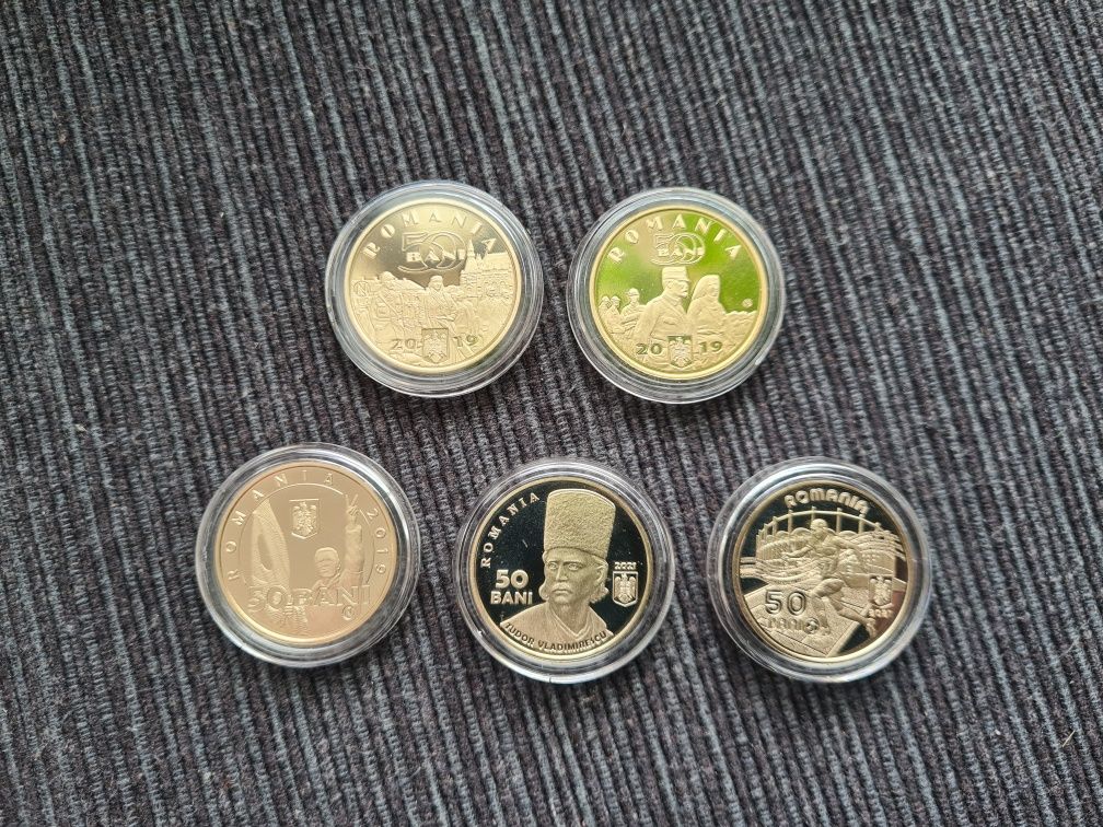 Monede 50 bani PROOF: Regina, Regele, Revolutia, Vladimirescu, Fotbal