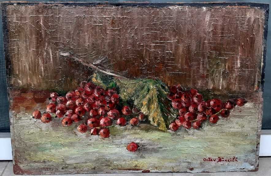 Tablou vechi - coacaze rosii - semnat Octav Bancila