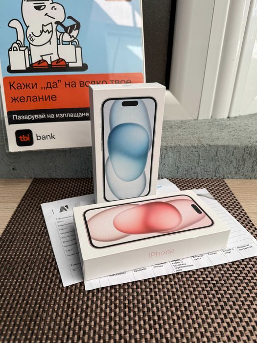 НЕРАЗПЕЧАТАН 24м ГАРАНЦИЯ iPhone 15 Лизинг от 53лв pink blue 128гб син
