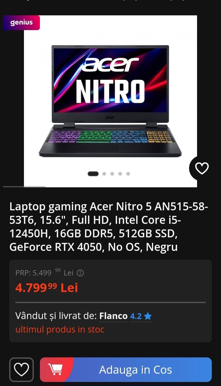 Laptop RTX4050 Sigilat, Acer nitro 5