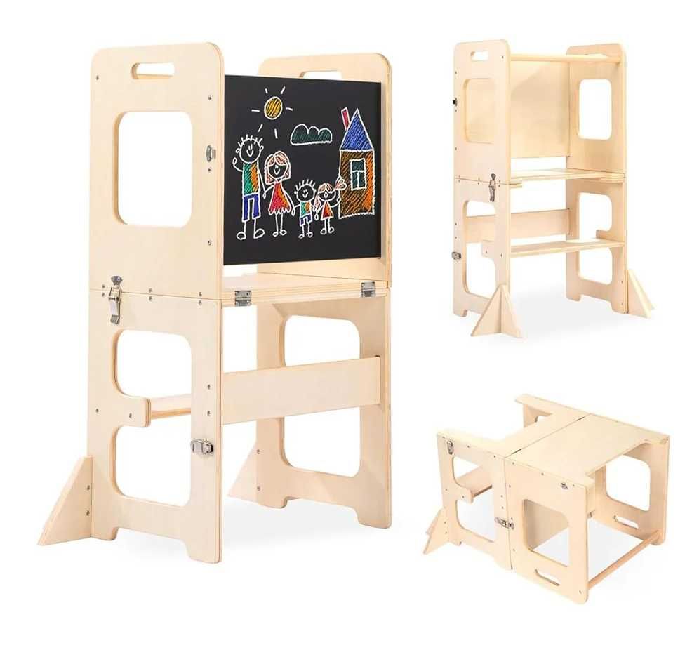 Turn de invatare Montessori 3 in 1 detasabil (Alb/Lemn natur)