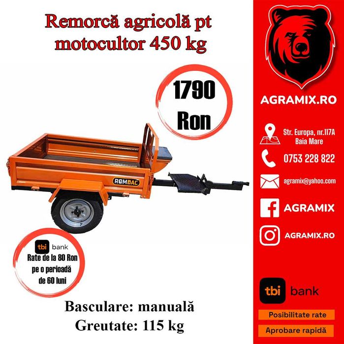 Remorca agricola noua 450 kG pt motocultor Agramix utilaj nou