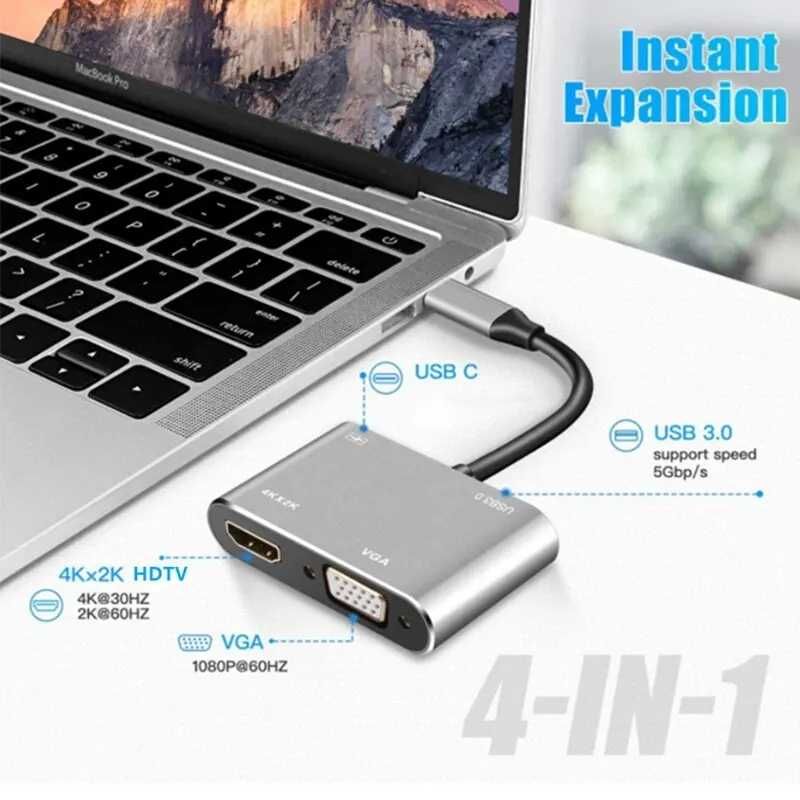 USB-C hub към VGA, HDMI 4K, PD, USB 3.0 за лаптоп, смартфон и таблет