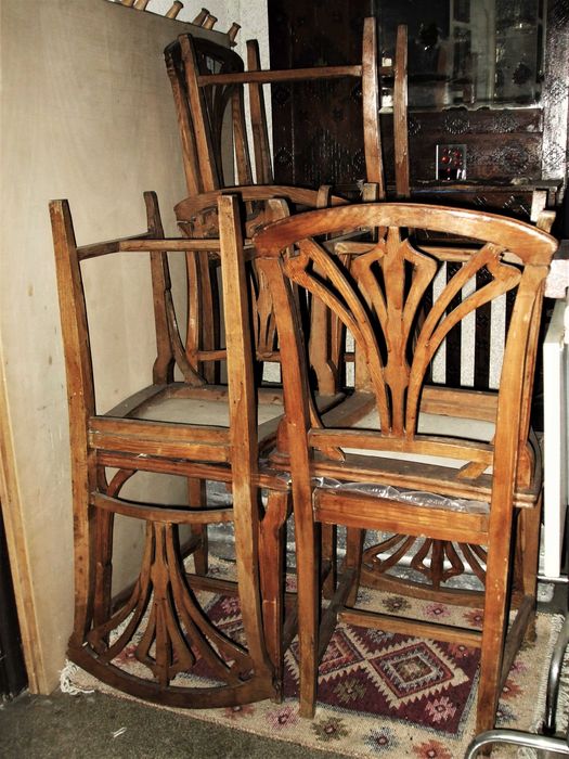 Set 6 scaune ”Art Nouveau” autentic din lemn sculptat cu piele GRENA