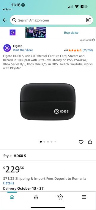 Dispozitiv captura Elgato Game Capture HD60S, Black