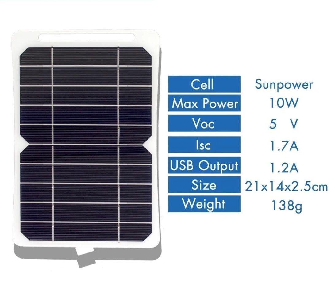 Соларен панел 10 вата за зареждане на телефон -  къмпинг, риболов.