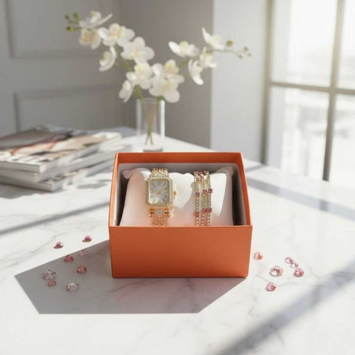 Луксозен дамски комплект: часовник и гривни в златист цвят.